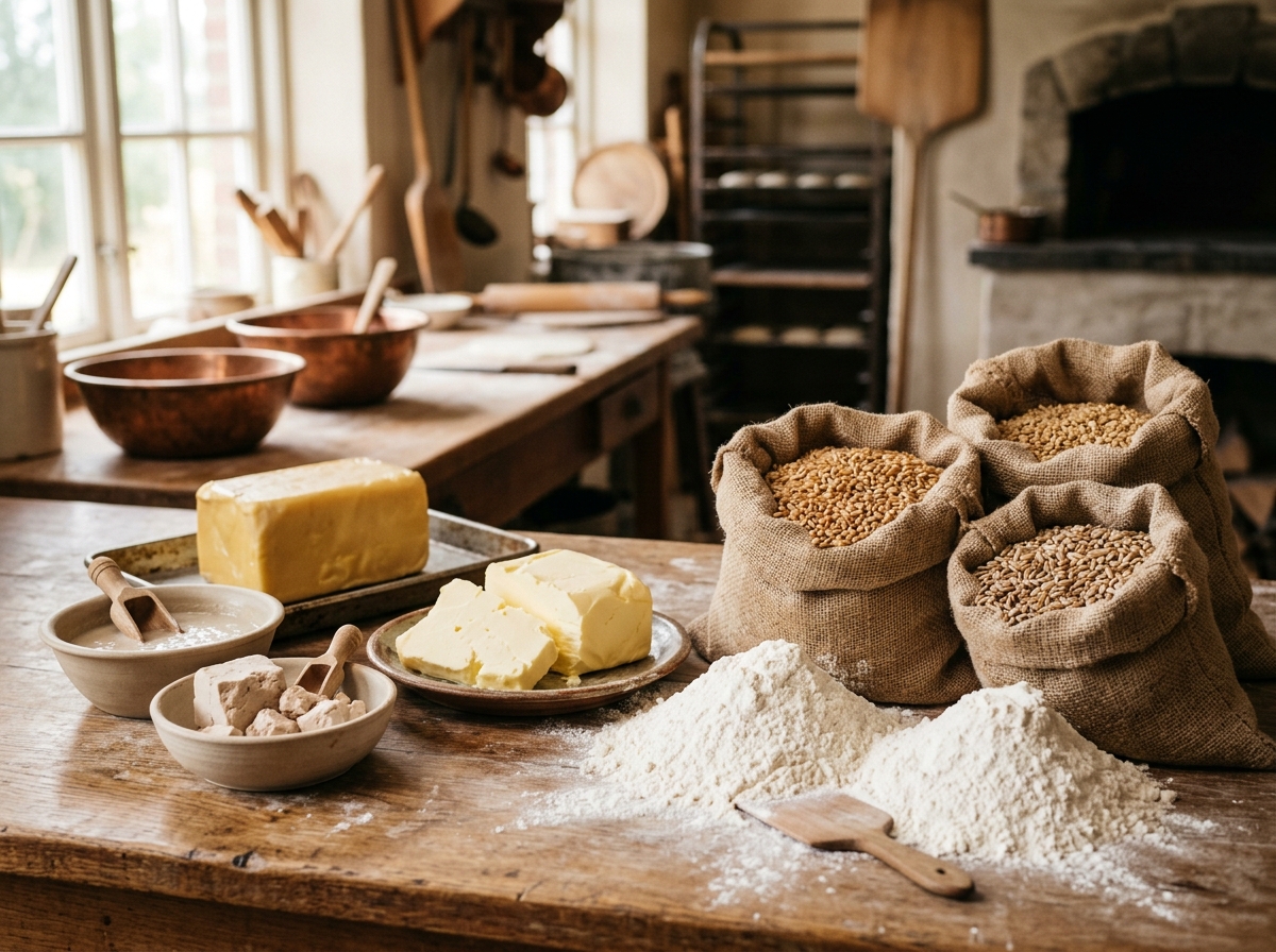 Commercial bakery and pastry ingredients, flour, shortening, grains