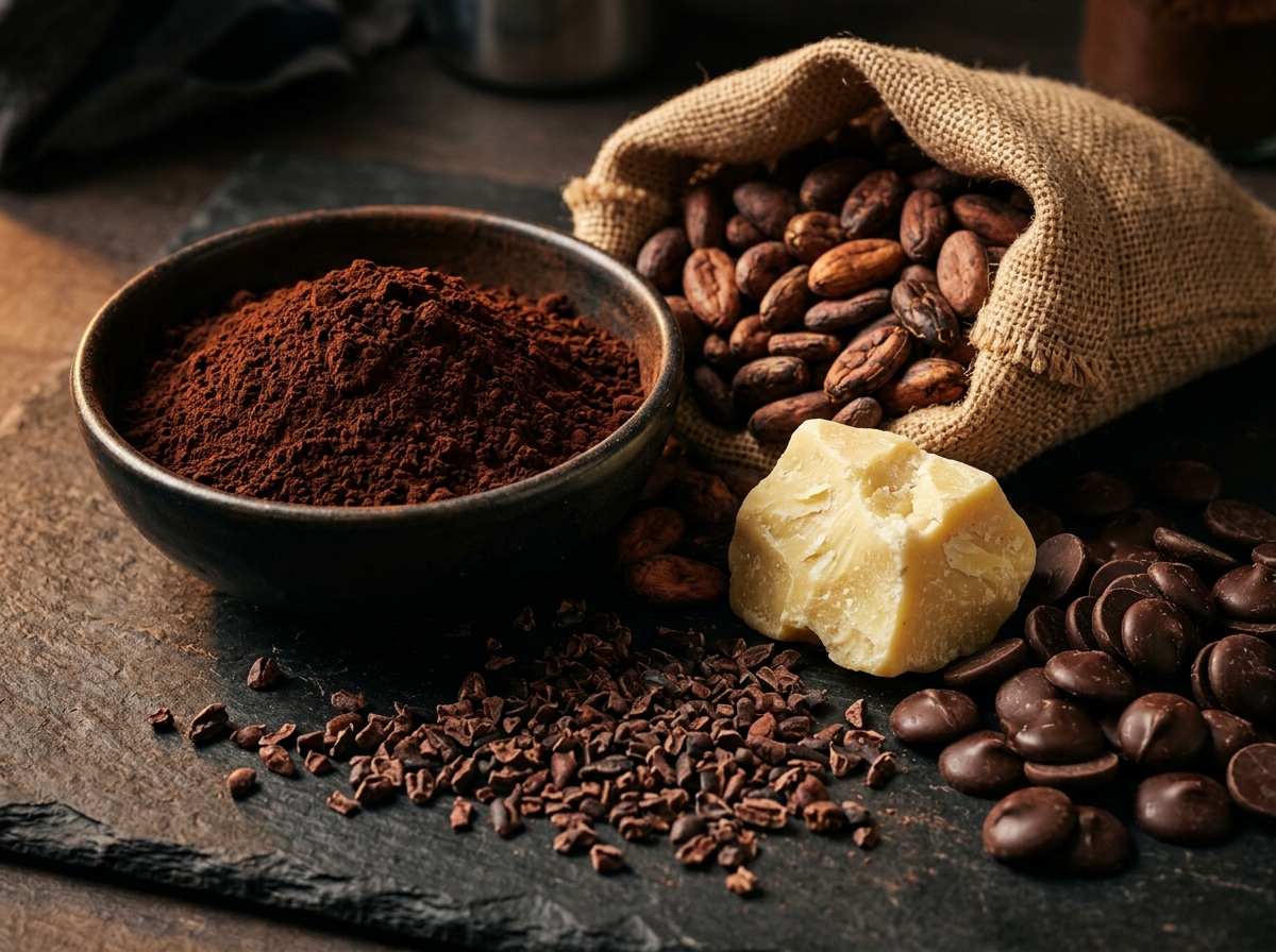 Bulk cocoa powder, cocoa butter, chocolate drops and nibs