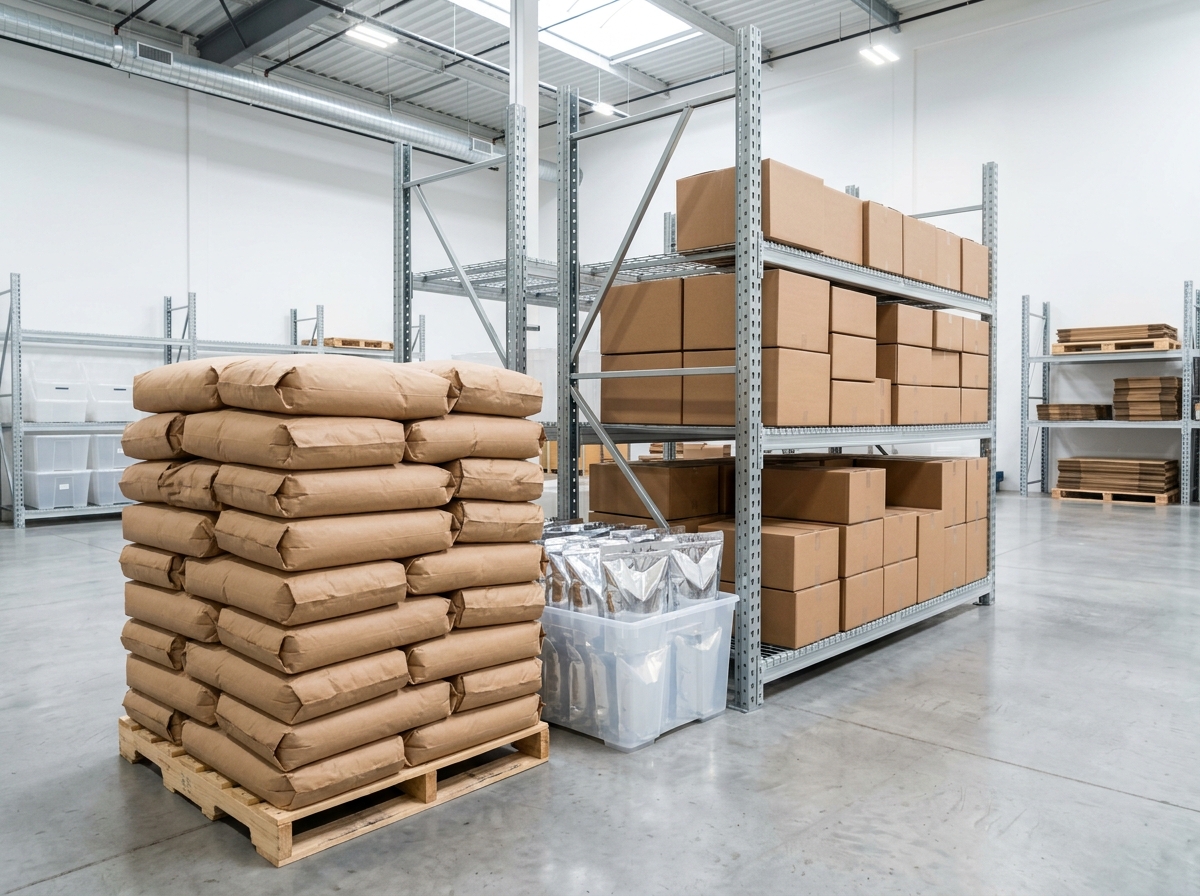 Industrial food packaging materials, multiwall kraft bags and foil pouches