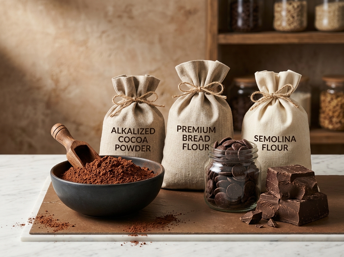 Premium bulk food ingredients including alkalized cocoa powder, chocolate drops, and bakery flour